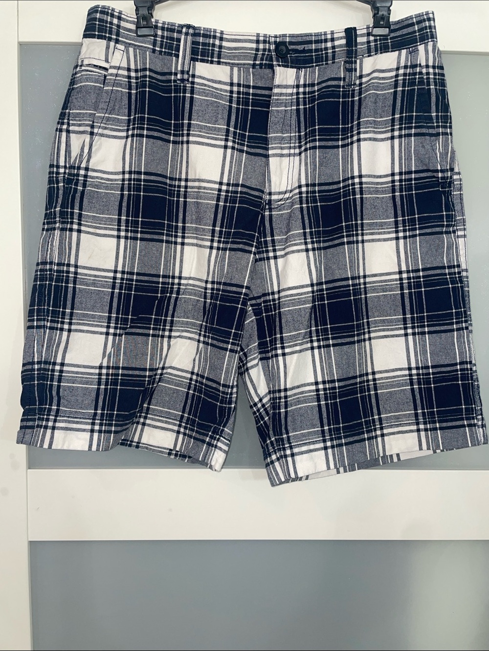 Sonoma Navy and White Plaid Flat-Front Shorts